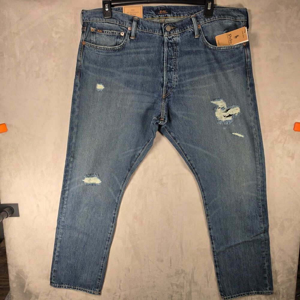 Polo Ralph Lauren Sullivan Slim Distressed Jeans Men 40x30 Blue Warp Stretch NWT